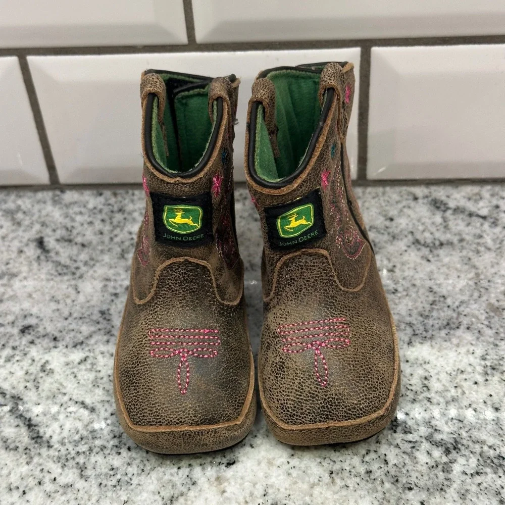 John Deere Baby Toddler Cowboy Boots Western Pink Embroidery Green Logo Size‎ 2M